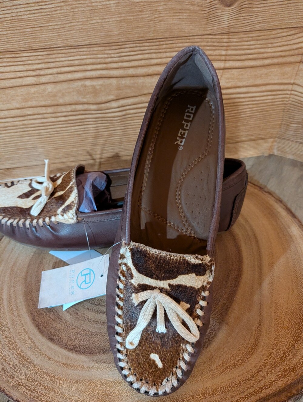 Roper Brown and Cream Cowhide Moccasin Loafers